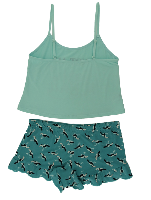 8505B, Spree - Ladies' Ruffle Shorts & Spaghetti Top -Aqua Bird (S-L)