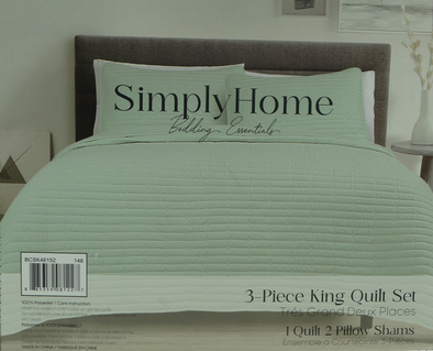BCSK46152, Simply Home - 3Pc King Quilt Set - Sage/Sage