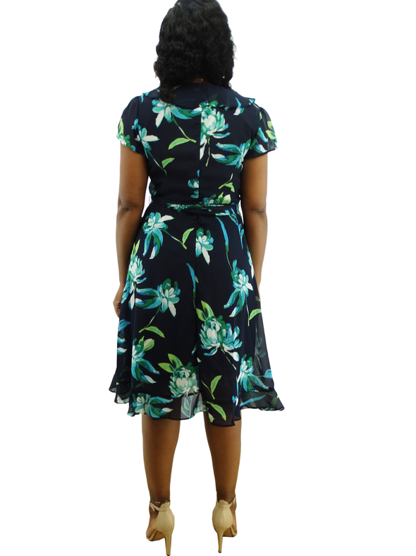 CP1571CH43, Jessica Rose - Women's Flutter Sleeve Chiffon Dress - Navy/Green (8-18)