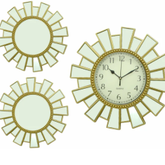 (5502-7283) 3Pc Decorative Mirror W/Clock Gold