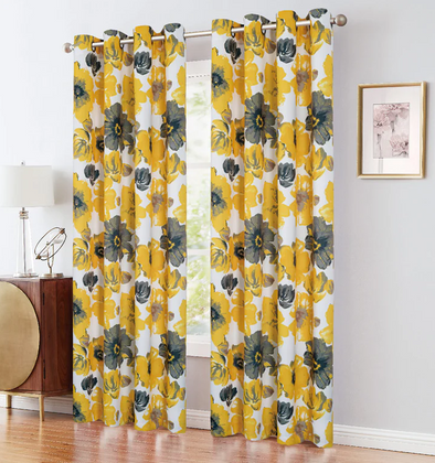 One Floral Printed Grommet Top Drapery Panel 54"X84" Yellow