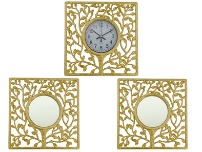 672822, 3 Piece Square Decorative Clock With Wall Mirror Set