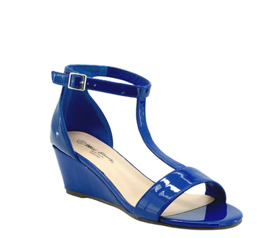 14945332, Miss Sandy - Women's Low Wedge Ankle Strap Sandals - Blue Pat