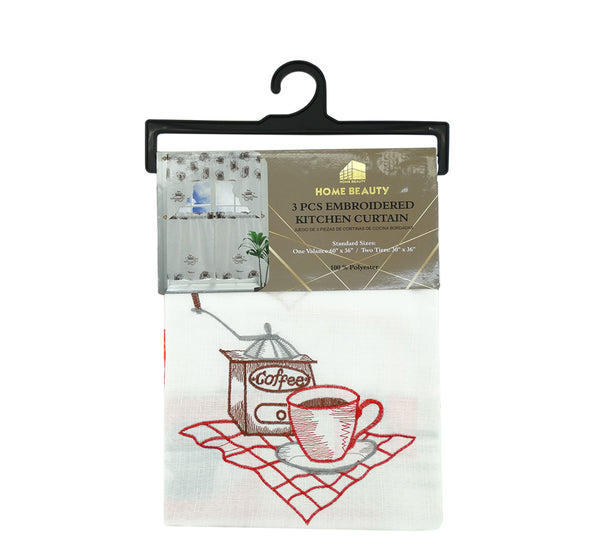 80240680, Home Beauty,  3pcs Embroidered Kitchen Curtain Set-Asstd