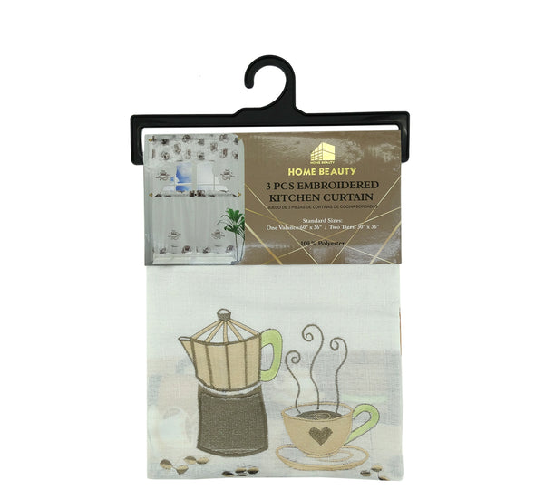 80240680, Home Beauty,  3pcs Embroidered Kitchen Curtain Set-Asstd