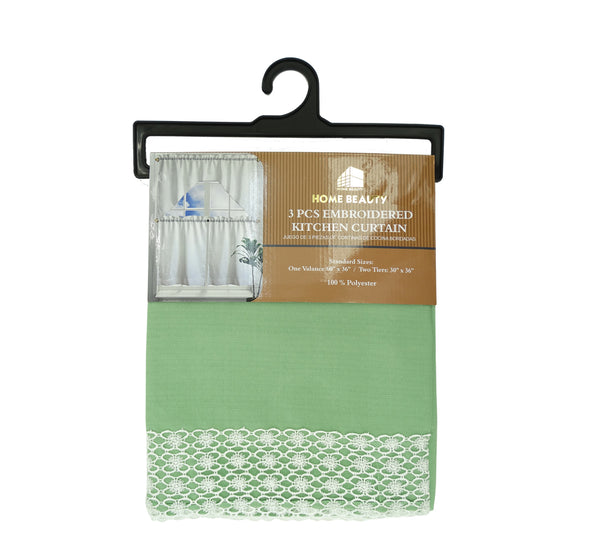 80240692, Home Beauty, 3pcs Embroidered Kitchen Curtain Set- Asstd