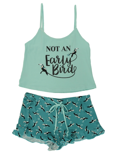 Spree - Ladies' Ruffle Shorts & Spaghetti Top -Aqua Bird (S-L)
