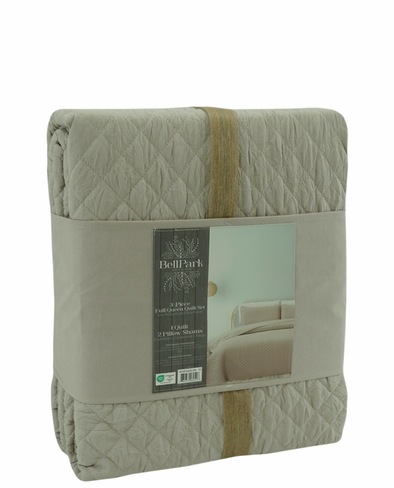 BCSFQ42512B, Bell Park-3pc Full/Queen Quilt Set Diamond Stitch- Linen/Marled