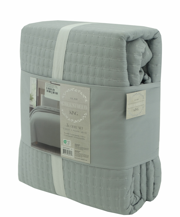 BCSK33384B, Greenfield,- 3pc King Quilt Set - Lt. Grey