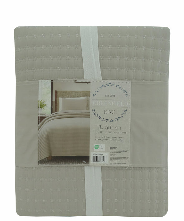 BCSK33385B, Greenfield,- 3pc King Quilt Set- Linen