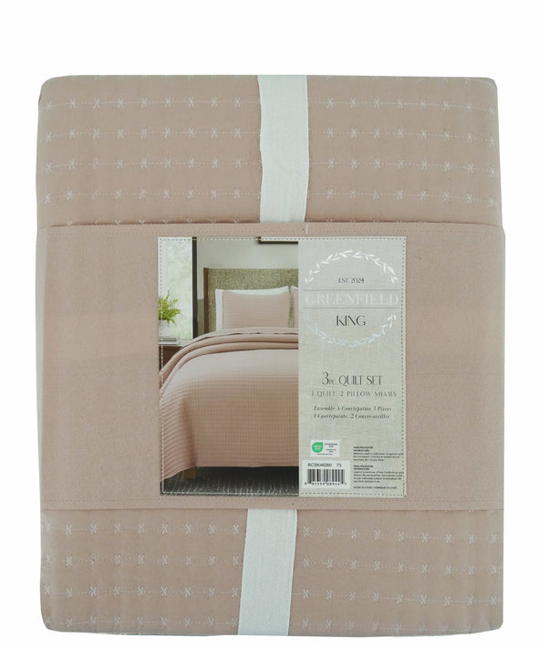 BCSK46260, Greenfield - 3Pc King Quilt Set - Blush/Ivory