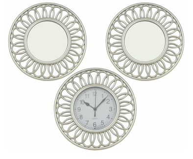 672812, Yiwu, 3Pc Decorative Mirror w/Clock - Silver