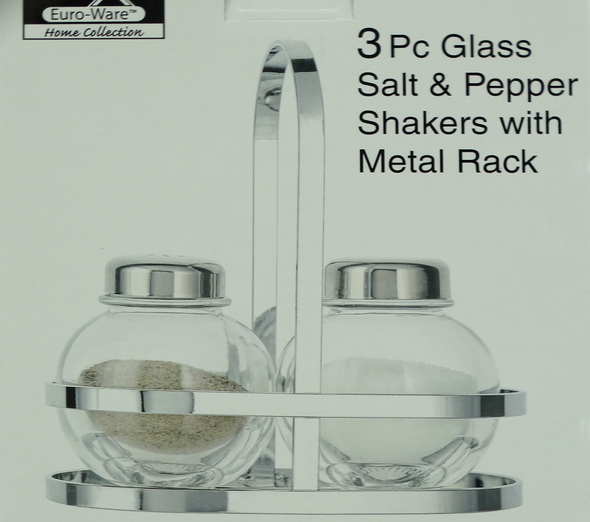 Euro-Ware 3pc Glass Salt&Pepper Shaker W/Metal Rack