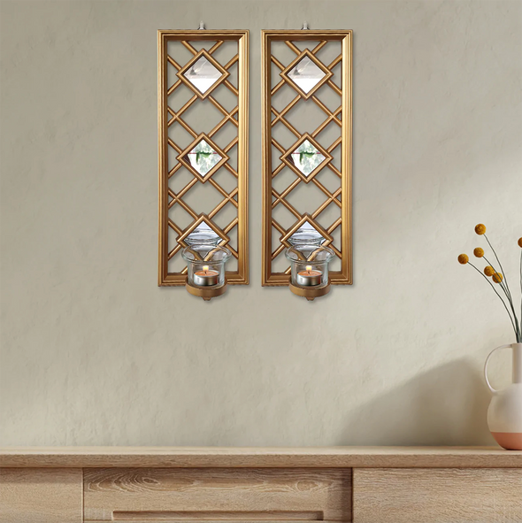 2 PC Wall Mounted Candle Holders W/Mirror