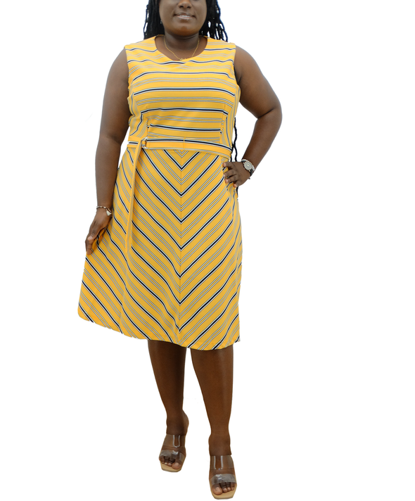 Ladies' ILE Sleeveless Navy/Freesia Yellow Belted Dress
